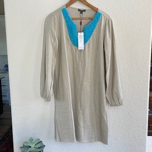 NWT Tan Linen Blend Dress With Turquoise beaded Neckline
